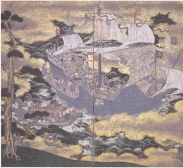 絹本著色 南蛮船風俗図二曲屏風