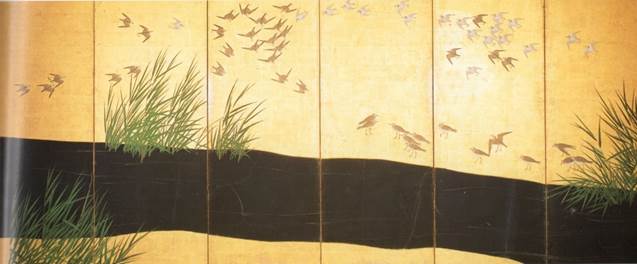 紙本金地著色 千鳥図六曲屏風