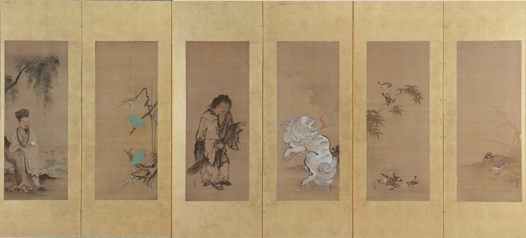 絹本著色 故事人物花鳥図押絵貼り屛風 久隅守景筆